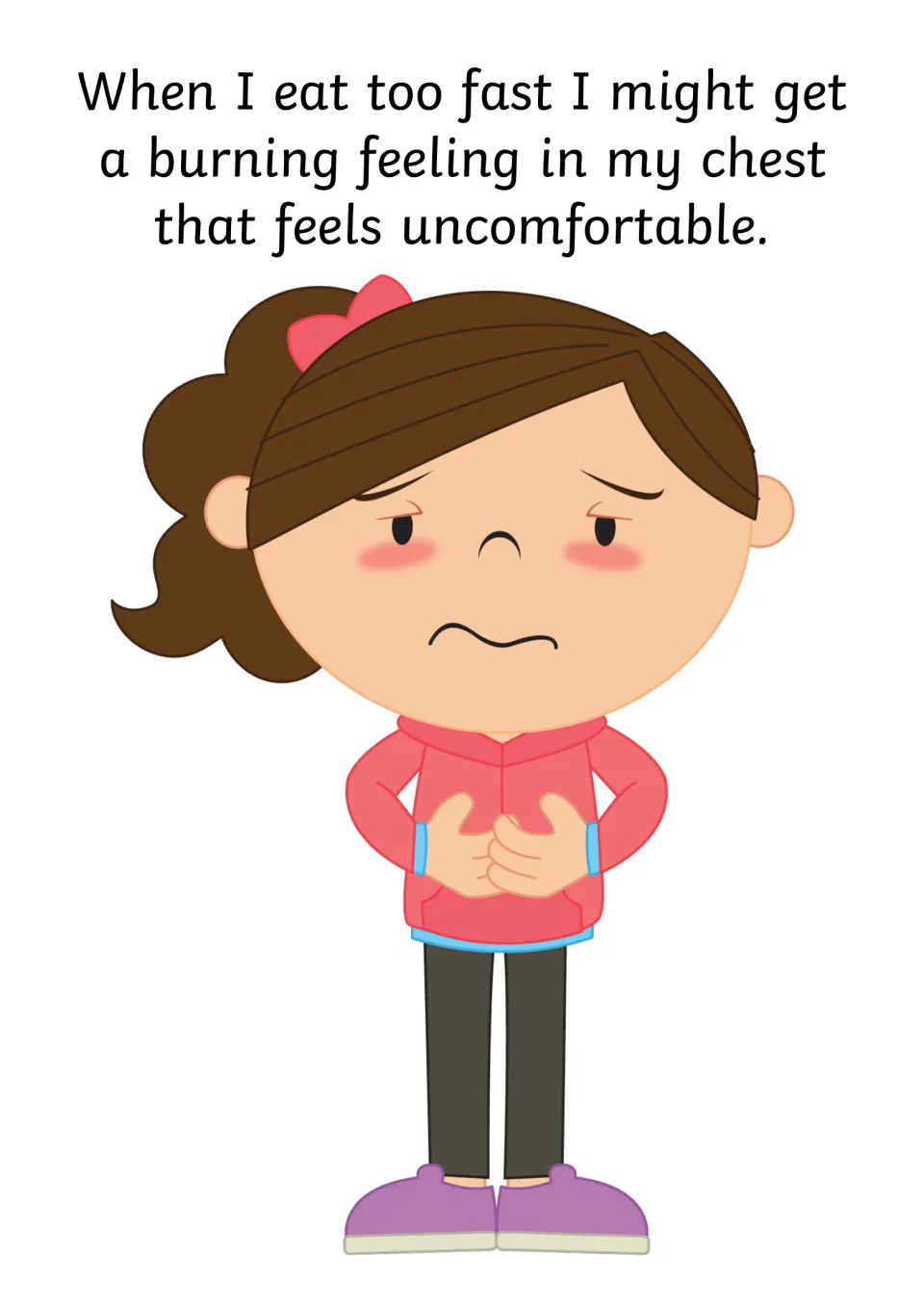 Burning chest feeling page: a girl in a pink hoodie clutches her chest, describing discomfort from eating too fast