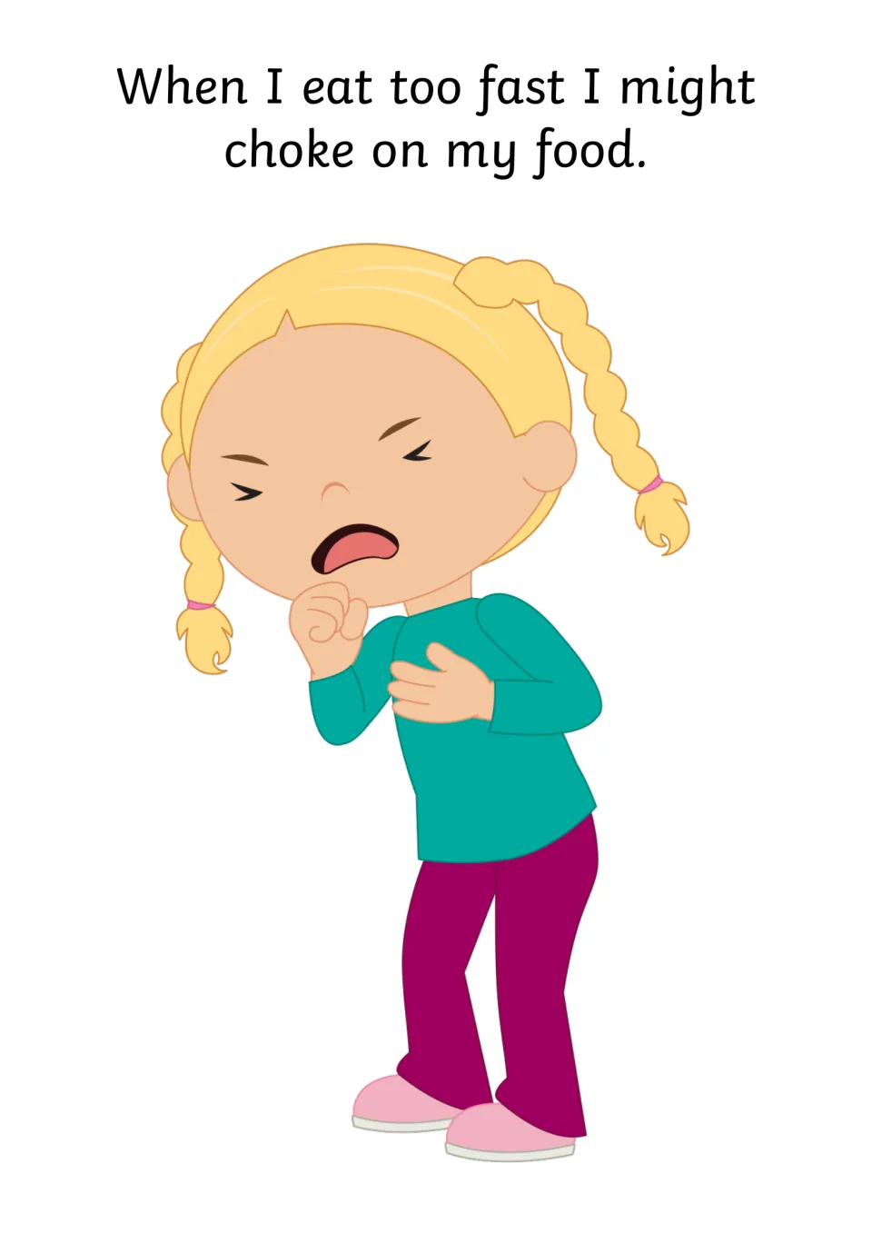 Choking risk page: a girl with blonde braids coughs with hand to mouth, explaining eating too fast might cause choking