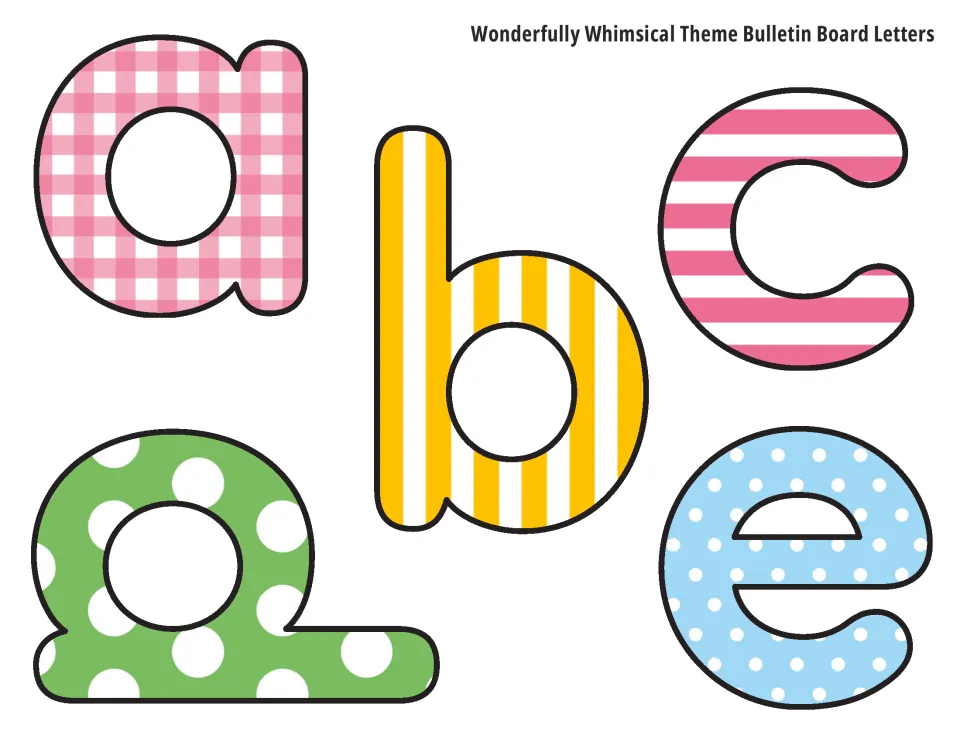 Lowercase bulletin board letters a to e in pink gingham, yellow stripe, pink stripe, green dot and blue dot prints to cut out