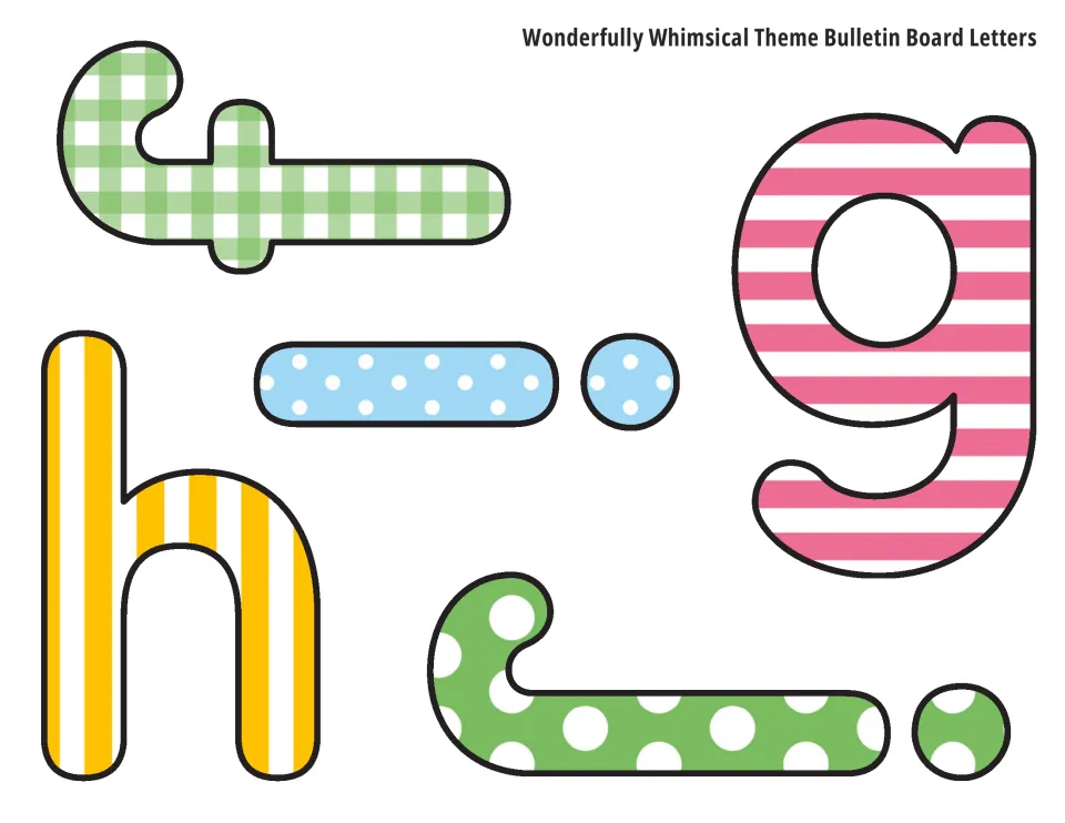Lowercase bulletin board letters f to j in gingham, stripe and polka dot prints, with i and j turned sideways to fit