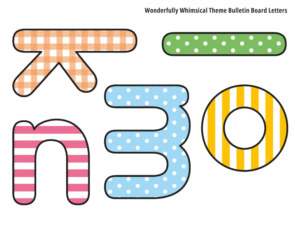 Lowercase bulletin board letters k to o in orange gingham, green dot, pink stripe, blue dot and yellow stripe prints