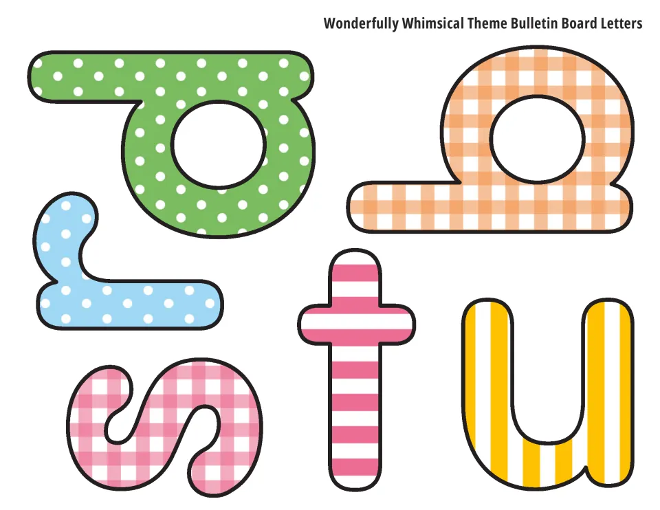 Lowercase bulletin board letters p to u in dot, gingham and stripe prints, with p, q and r turned sideways to fit