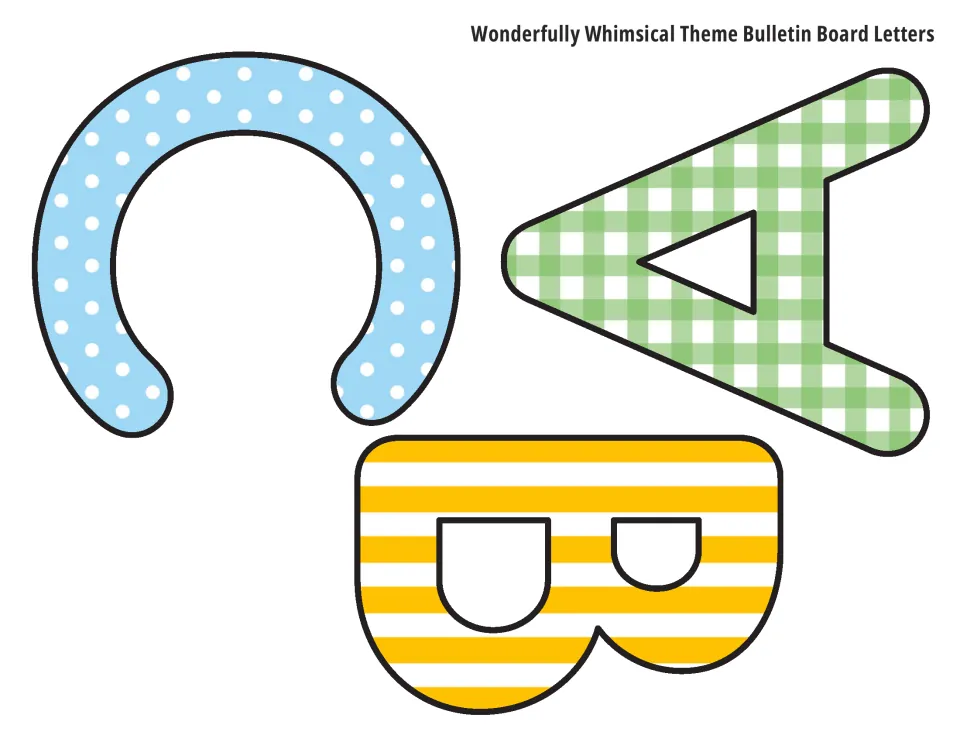 Uppercase bulletin board letters A, B and C in green gingham, yellow stripe and blue dot prints, turned to fit the page