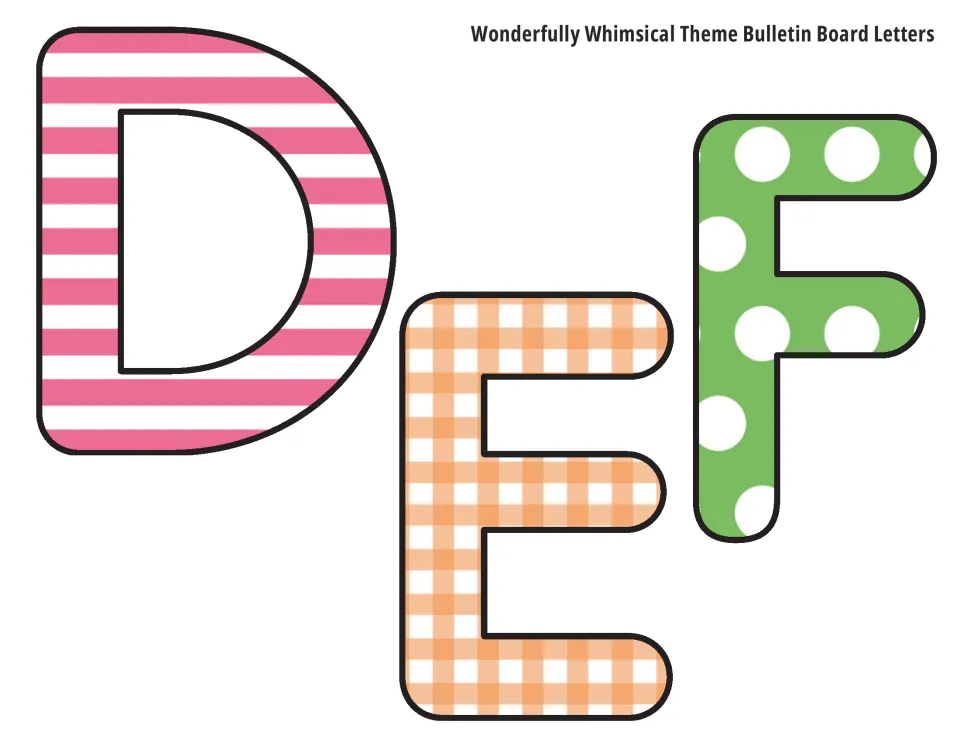 Uppercase bulletin board letters D, E and F in pink stripe, orange gingham and green polka dot prints to print and cut