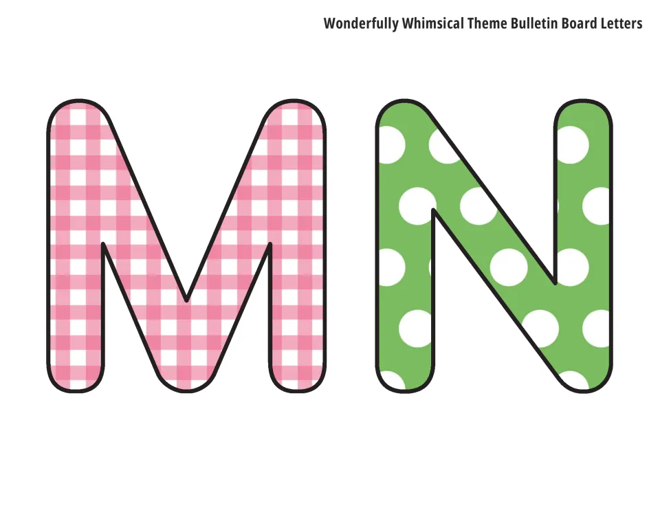 Uppercase bulletin board letters M and N in pink gingham and large white-dot green prints, ready to print and trim