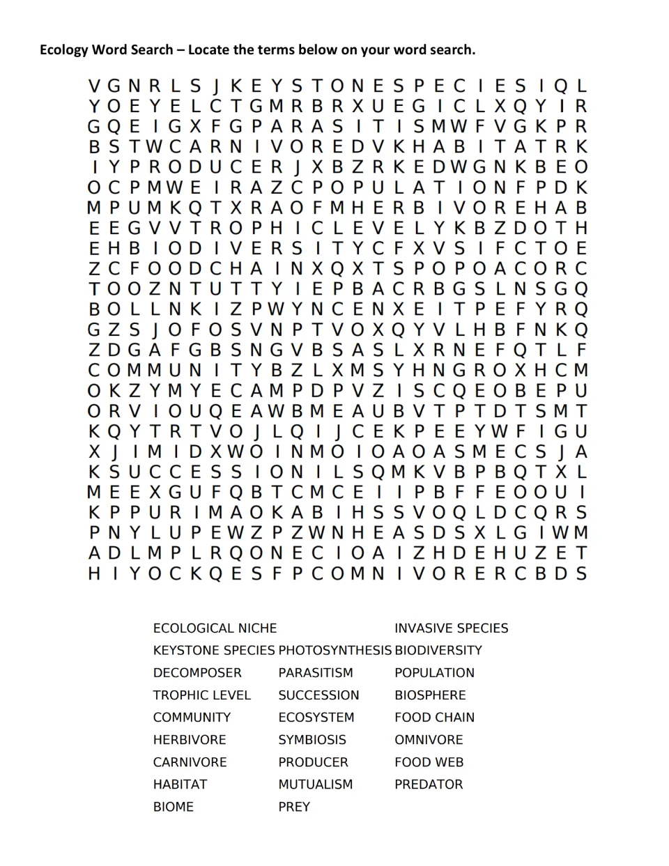 Ecology word search: students find 25 terms such as keystone species, biodiversity, food web and trophic level in the grid