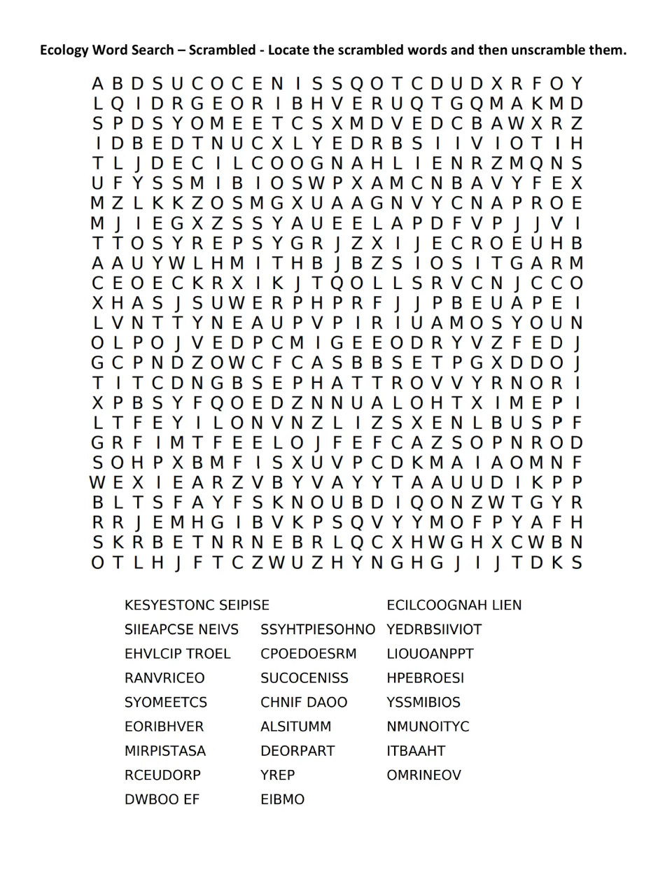 Scrambled ecology word search: students locate jumbled terms like YSSMIBIOS and EIBMO in the grid, then unscramble each one