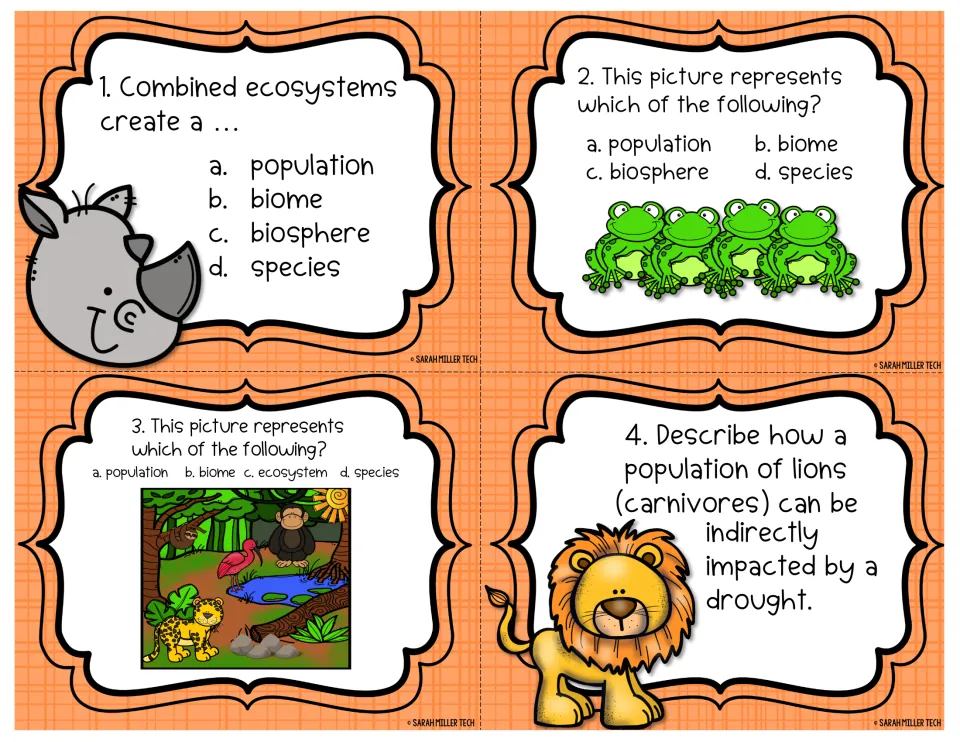 Ecosystem levels task cards 1-4: students identify biome, population and ecosystem and explain how drought affects lions