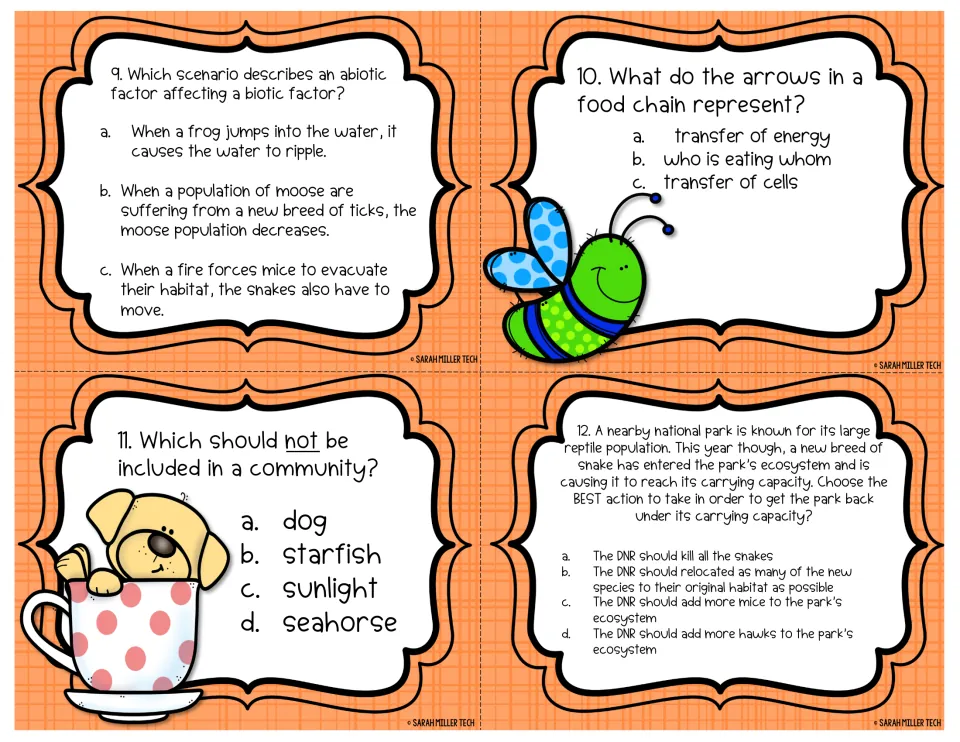 Task cards 9-12 on abiotic effects, food chain arrows, what belongs in a community and a snake carrying capacity choice