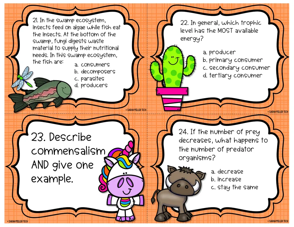 Task cards 21-24: classifying swamp fish, trophic level with most energy, commensalism and predator-prey change