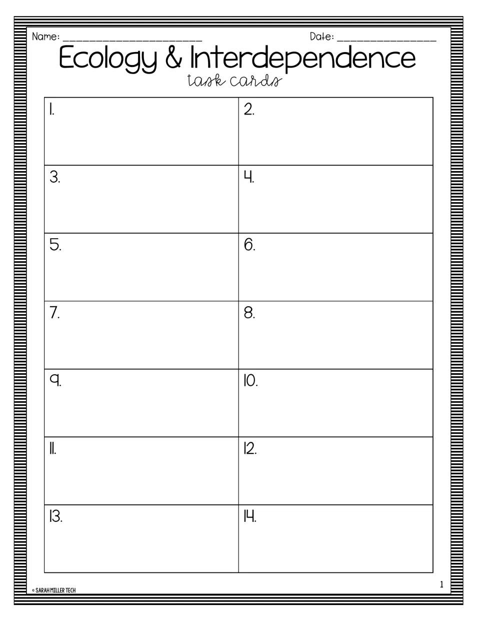 Student recording sheet for task cards 1-14 where students write each card's answer by number, with Name and Date at top