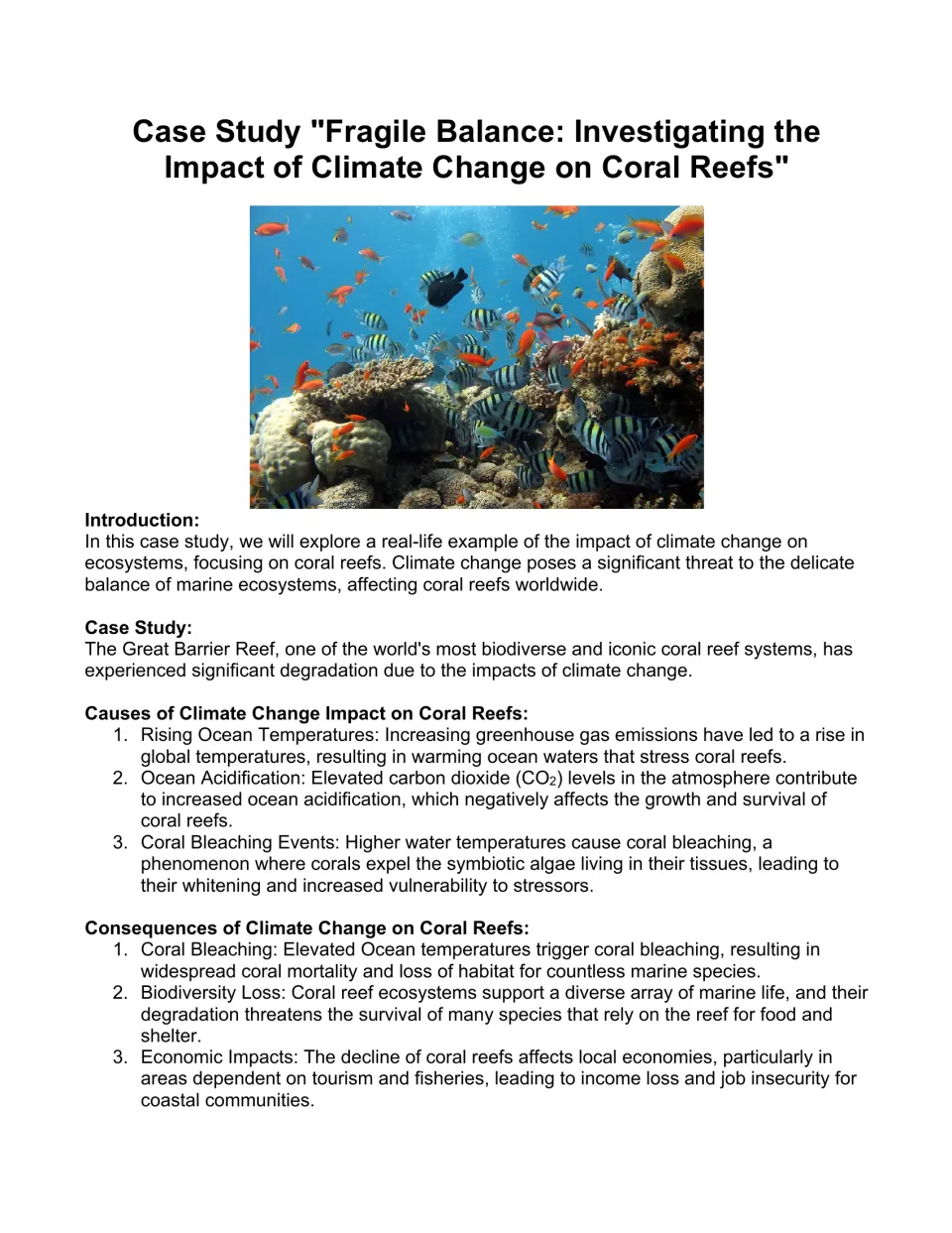 Great Barrier Reef case study reading: students learn how warming, acidification and bleaching harm reefs and marine life