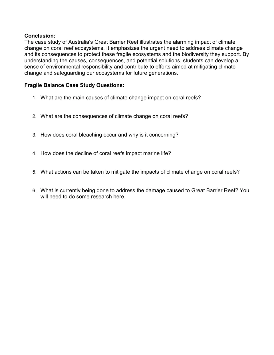 Coral reef case study questions: students explain causes, bleaching and mitigation, then research current reef efforts