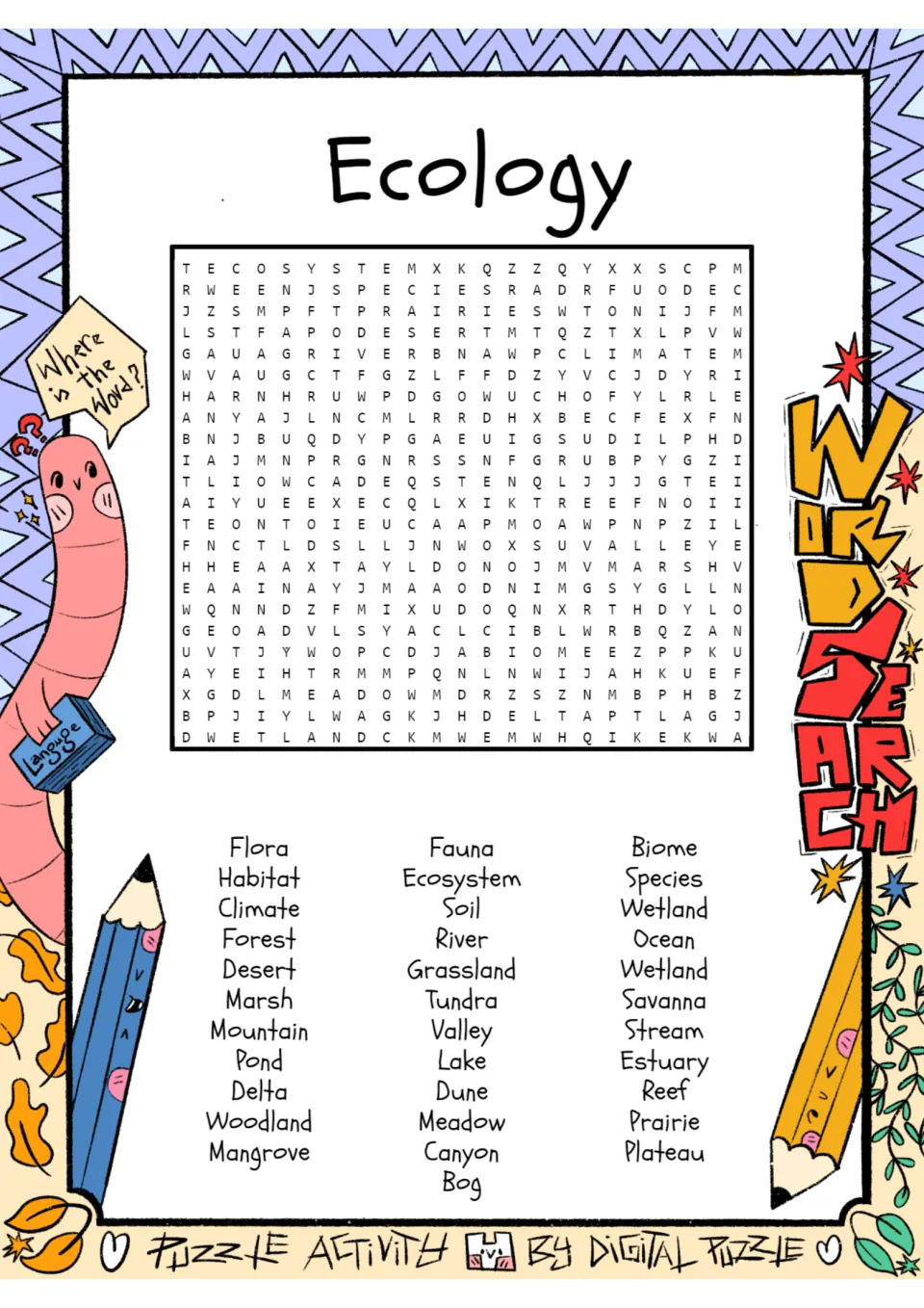 Ecology word search: students find listed habitat and landform words such as biome, tundra, estuary, wetland and mangrove
