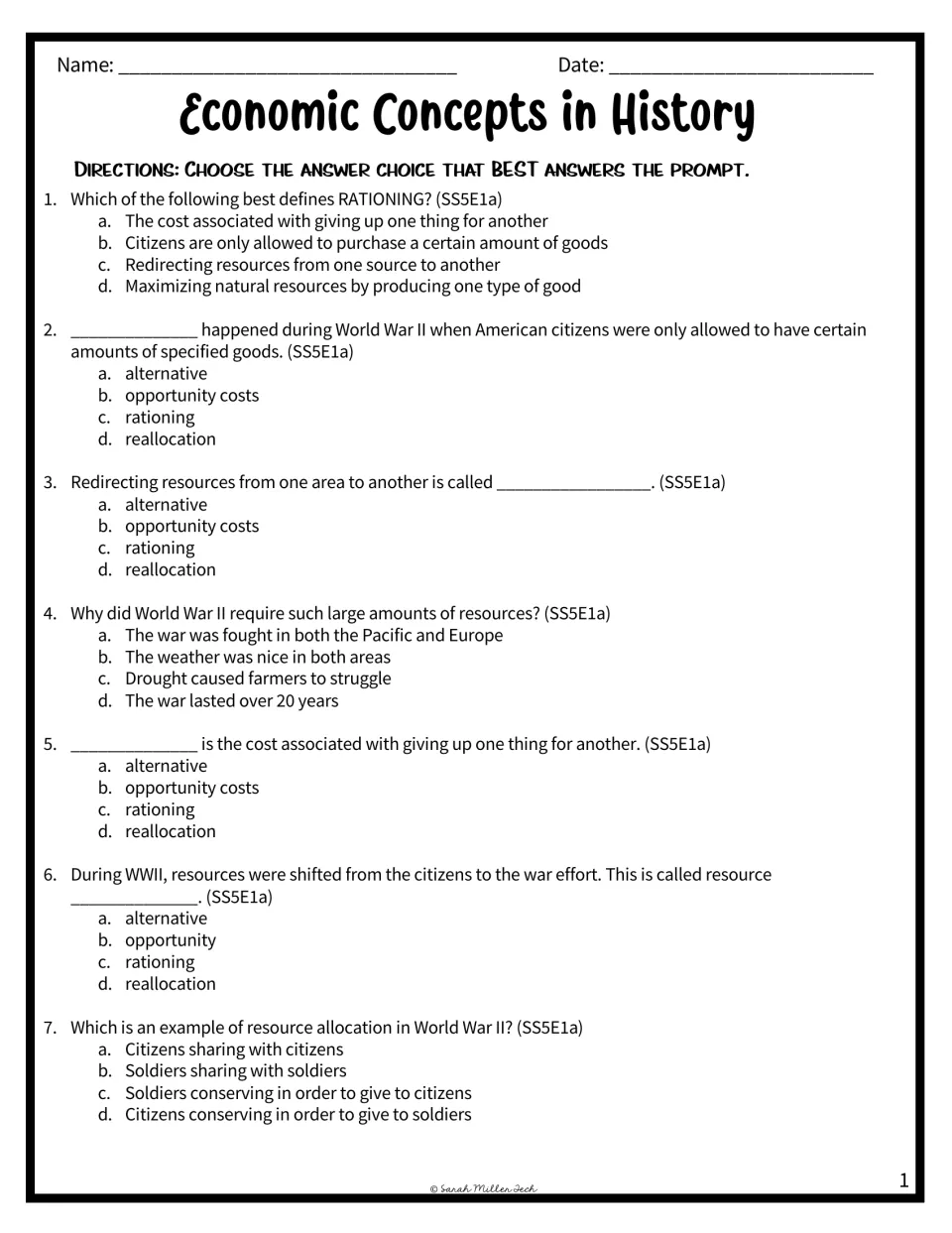 WWII economics quiz, questions 1-7: students choose the best answer on rationing, opportunity cost and resource reallocation