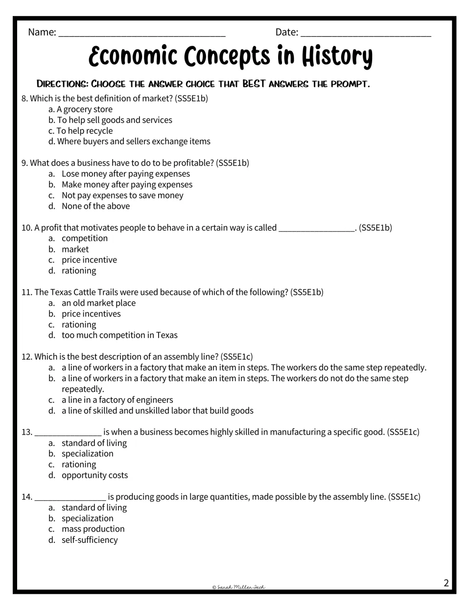 Multiple-choice questions 8-14 on markets, profit, price incentives, Texas Cattle Trails, assembly lines and mass production