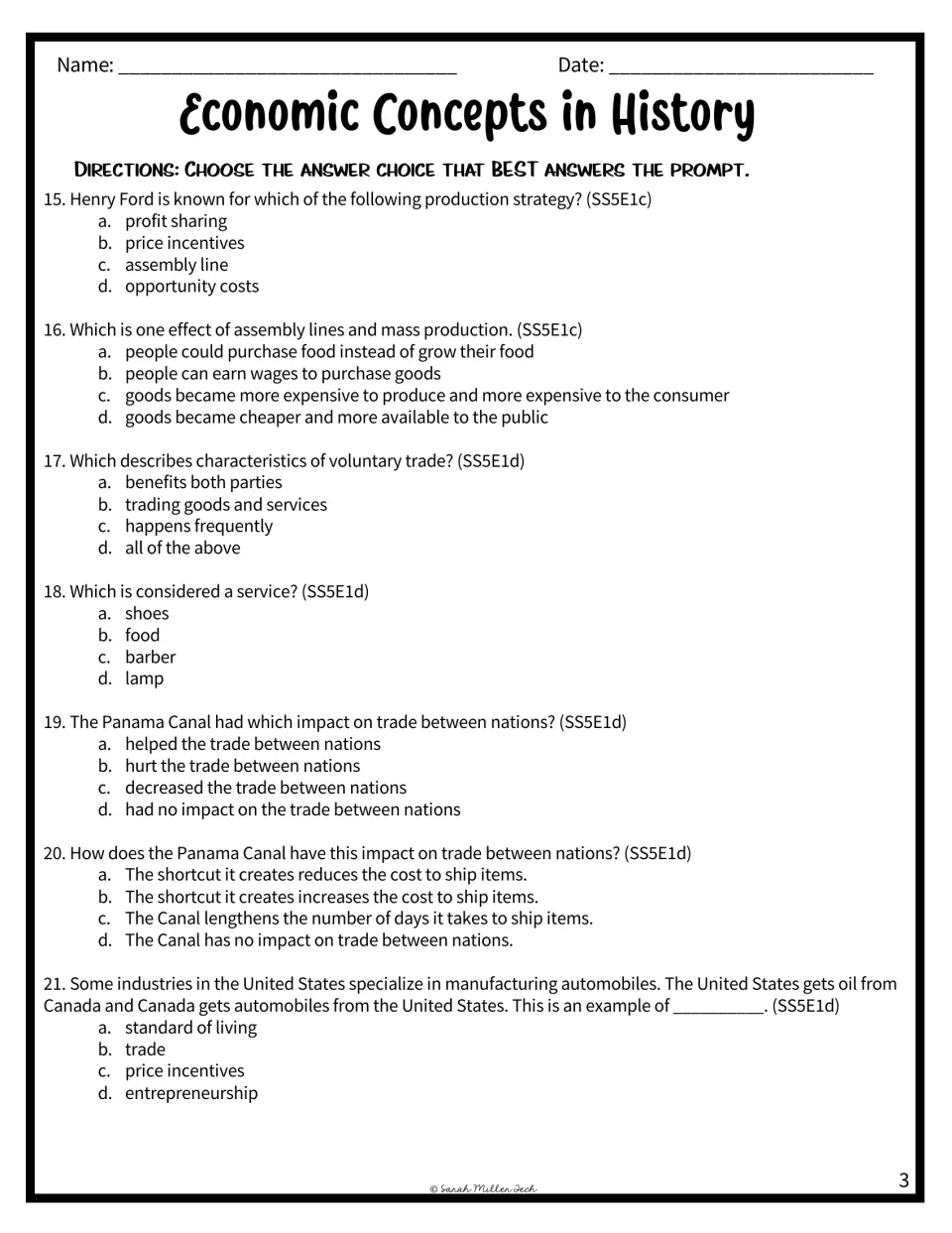 Multiple-choice questions 15-21 on Henry Ford, effects of mass production, voluntary trade, services and the Panama Canal