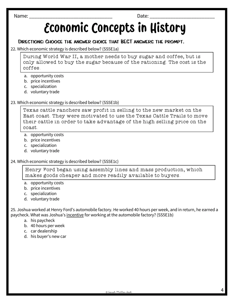 Scenario questions 22-25: students read short history passages and name the economic strategy, such as price incentives
