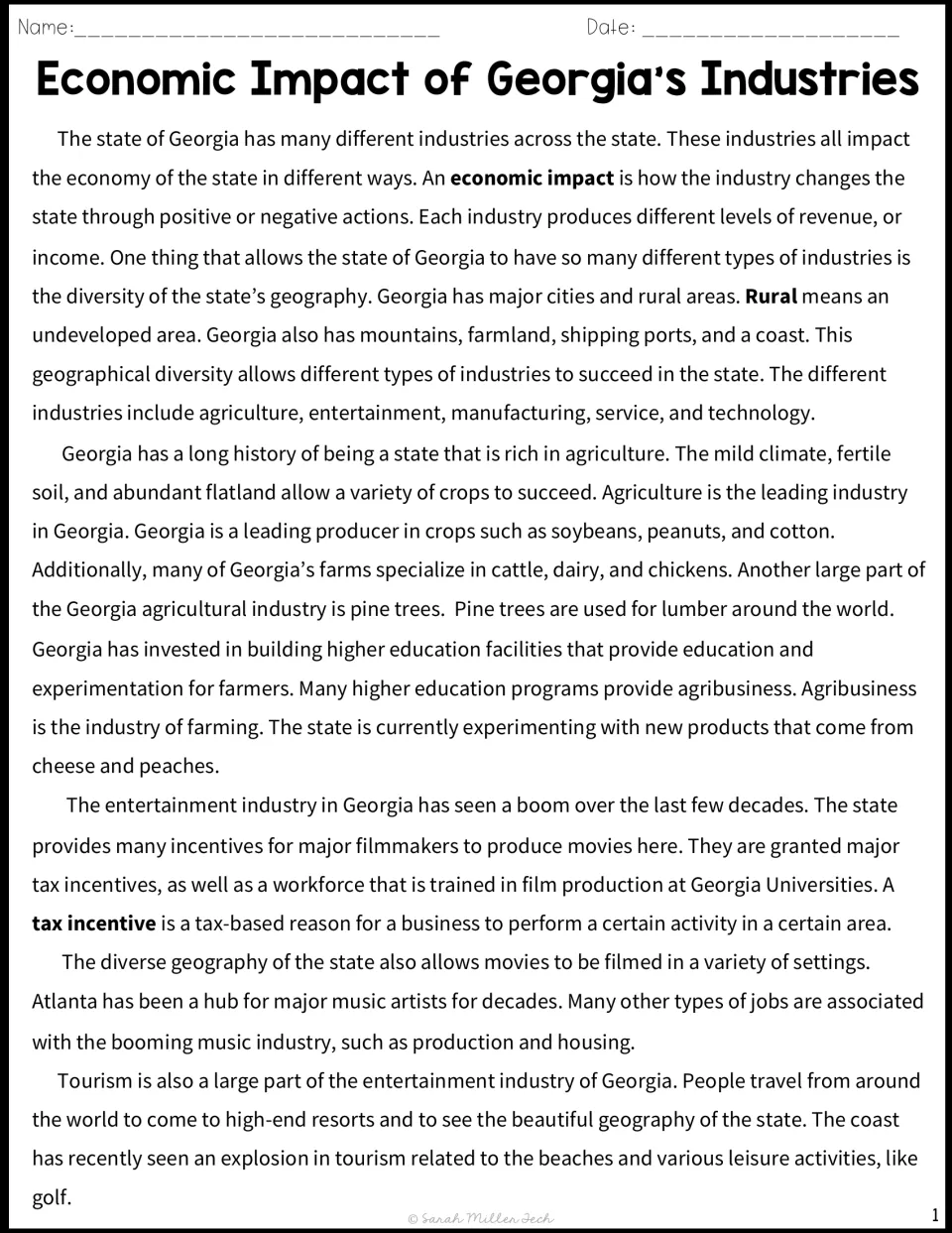 Georgia industries reading passage, part 1: geography, agriculture crops, film tax incentives, music and coastal tourism