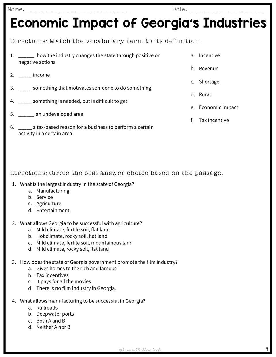 Vocabulary matching for revenue, rural, shortage and incentive, then multiple choice on Georgia crops, film and ports