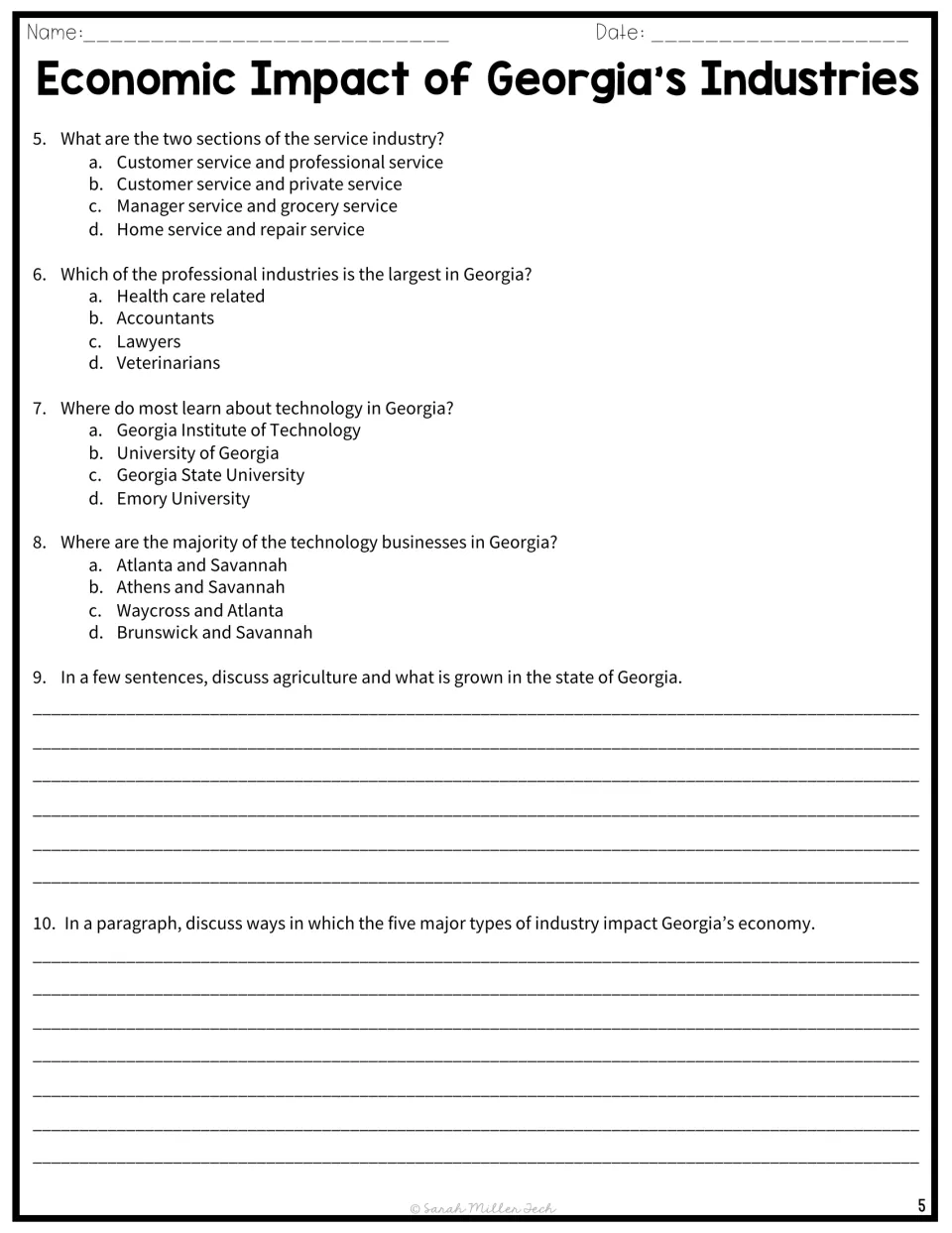 Comprehension questions 5-10: multiple choice on services and tech hubs, then written responses on agriculture and industry