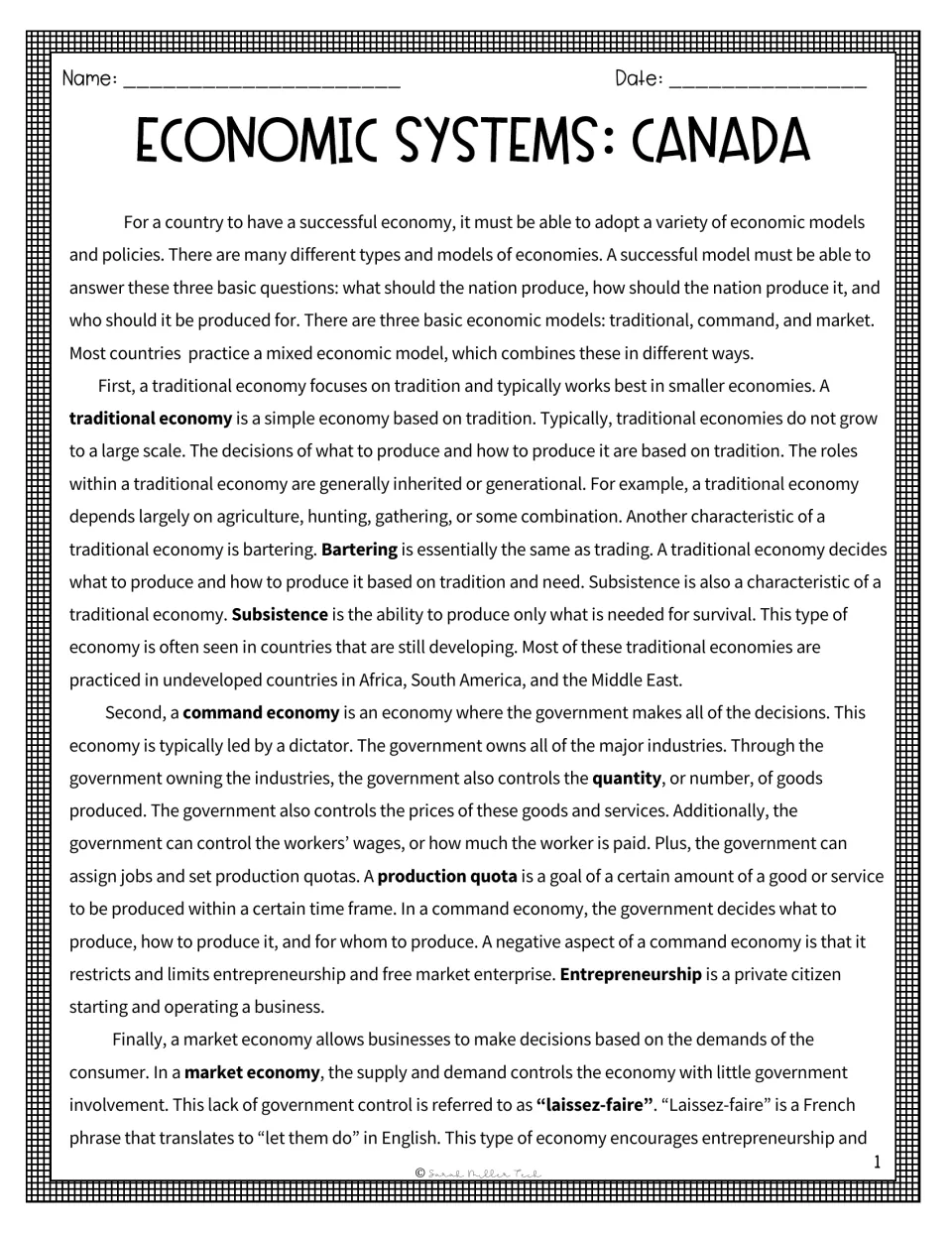 Reading passage, part 1: traditional, command, and market economies, bartering, and production quotas