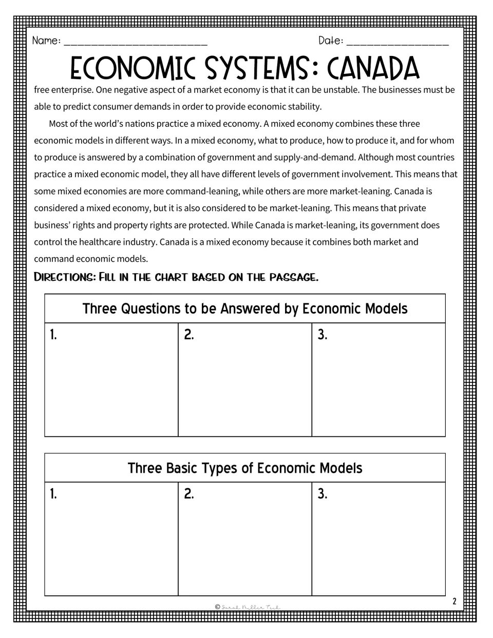 Reading passage, part 2: Canada's mixed economy, followed by organizers on economic questions and models