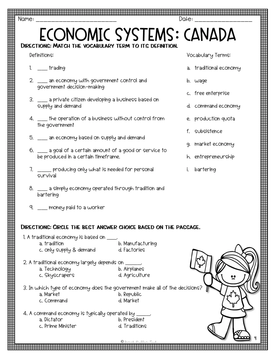 Nine vocabulary matches and questions 1–4 review traditional and command economies in the reading packet