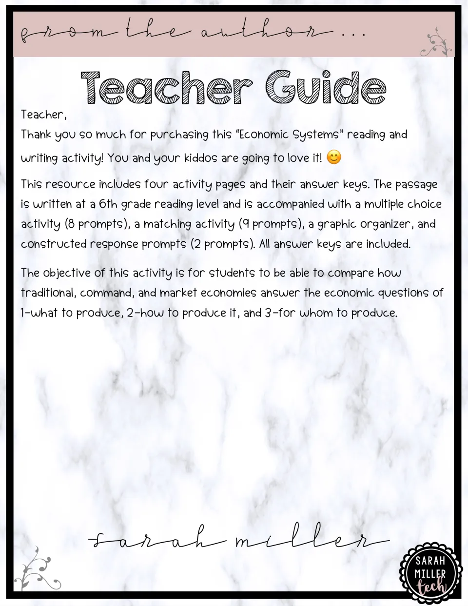 Teacher guide for the economic systems activity: lists the passage, matching, multiple choice, chart and written prompts