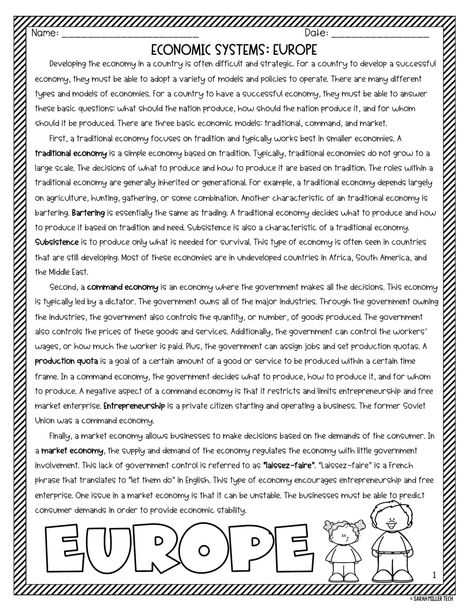Economic Systems: Europe reading passage: students read how traditional, command and market economies answer 3 key questions