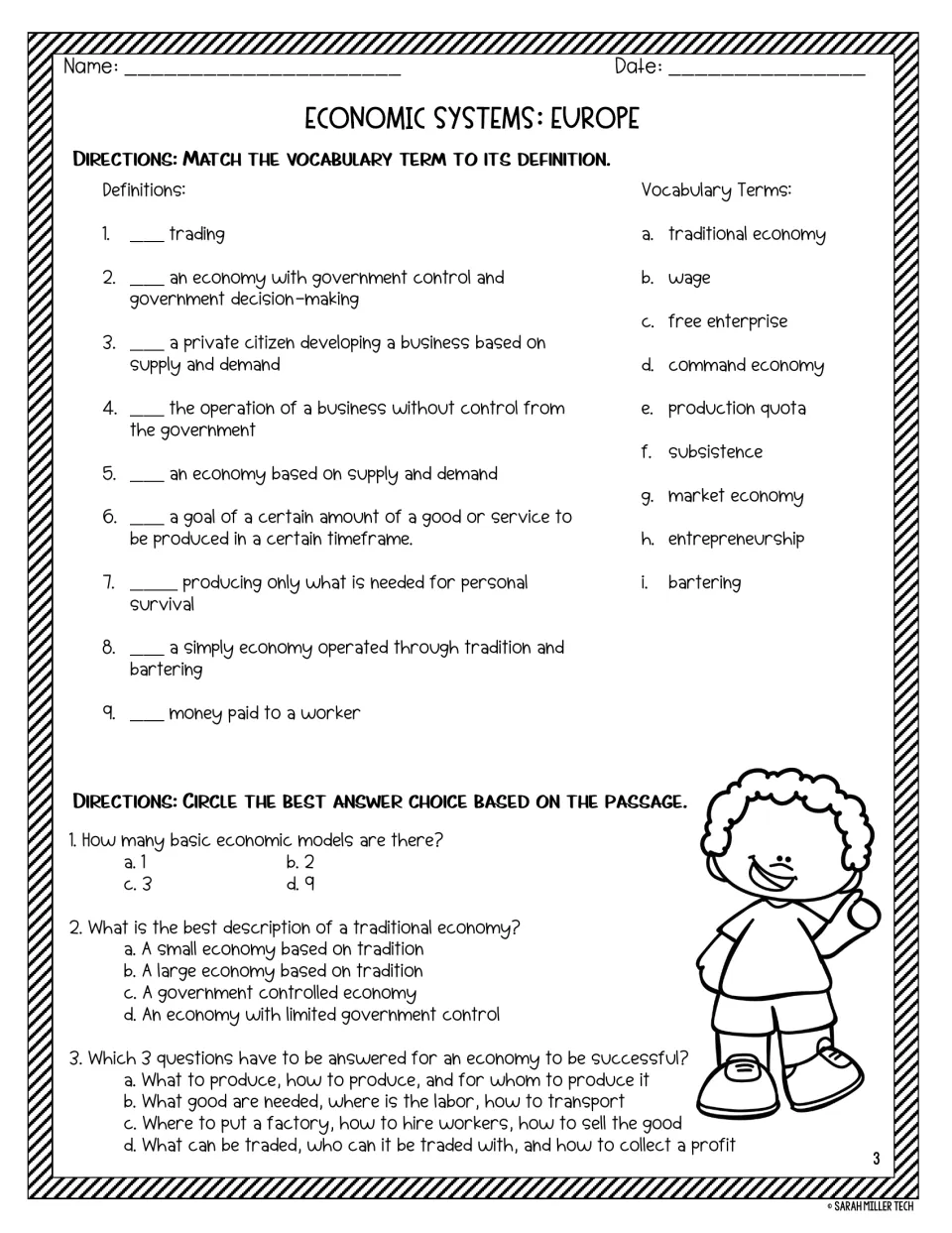 Economics vocabulary matching of 9 terms such as subsistence and production quota, then 3 multiple-choice passage questions