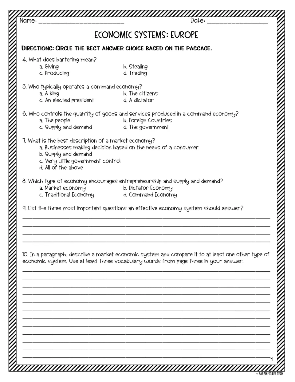 Economic systems questions 4-8 on bartering, command and market economies, then students write a paragraph comparing systems