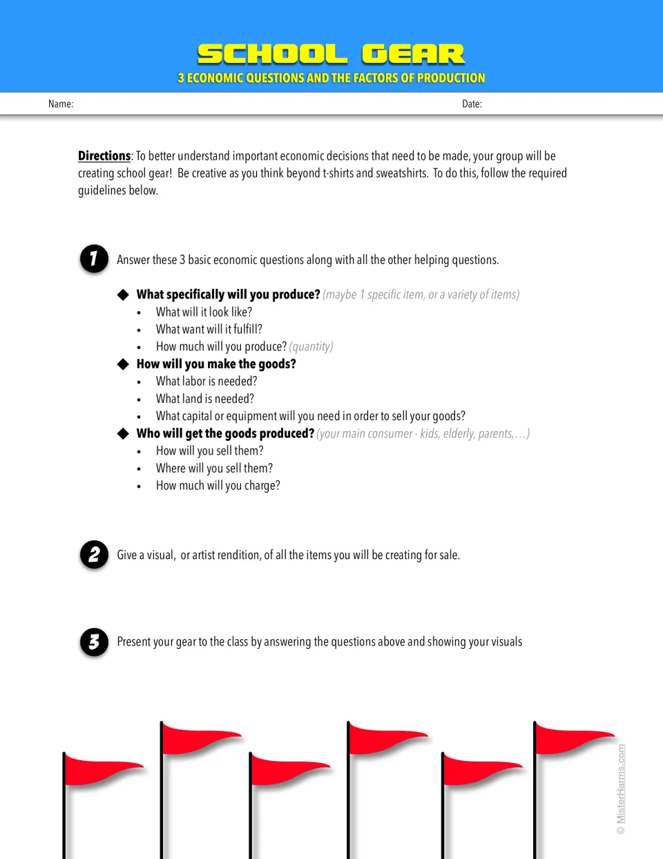 School gear project: groups answer what to produce, how to make it and who gets it, then sketch items and present to class