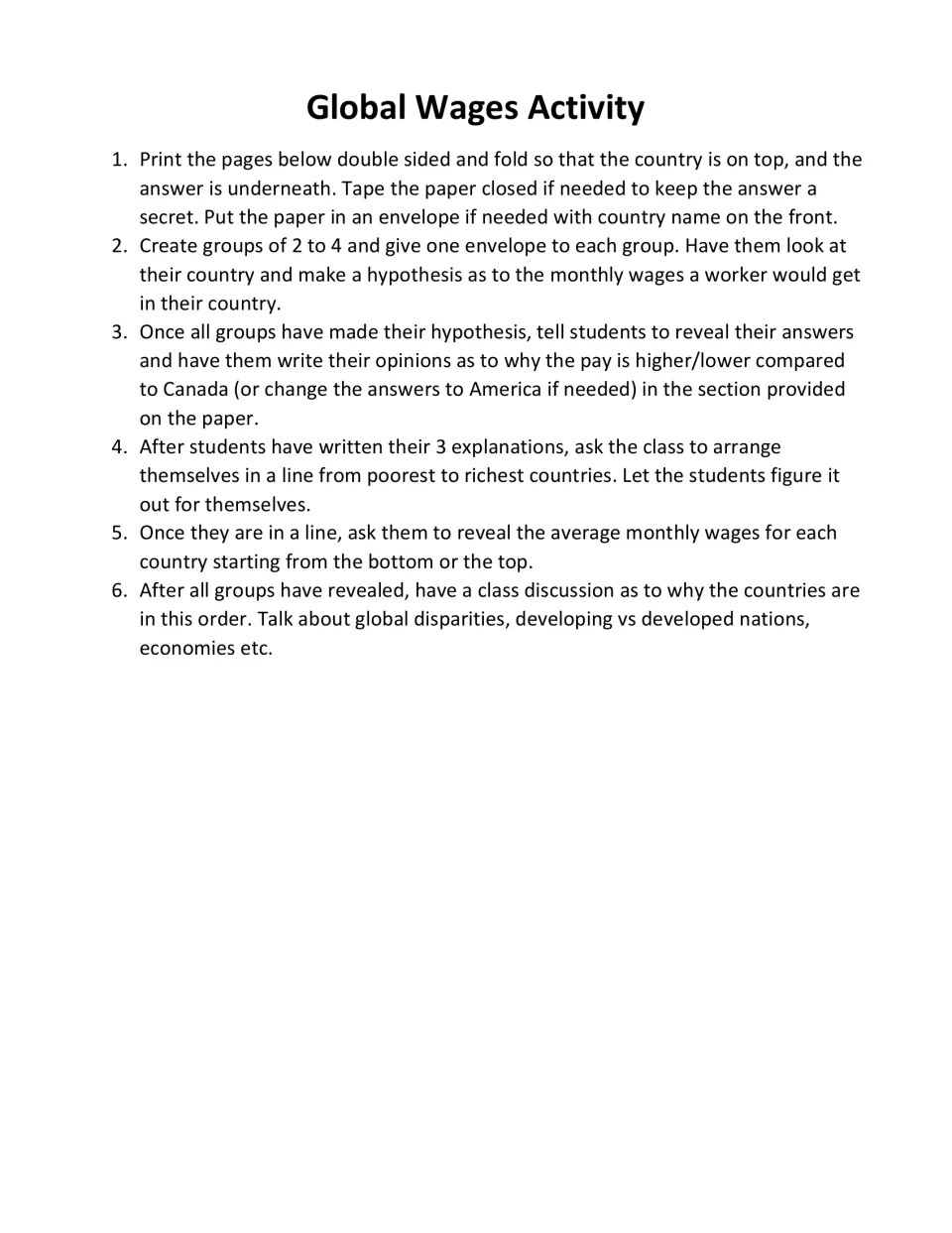 Teacher directions for predicting country wages, revealing answers, comparing pay, and discussing disparities