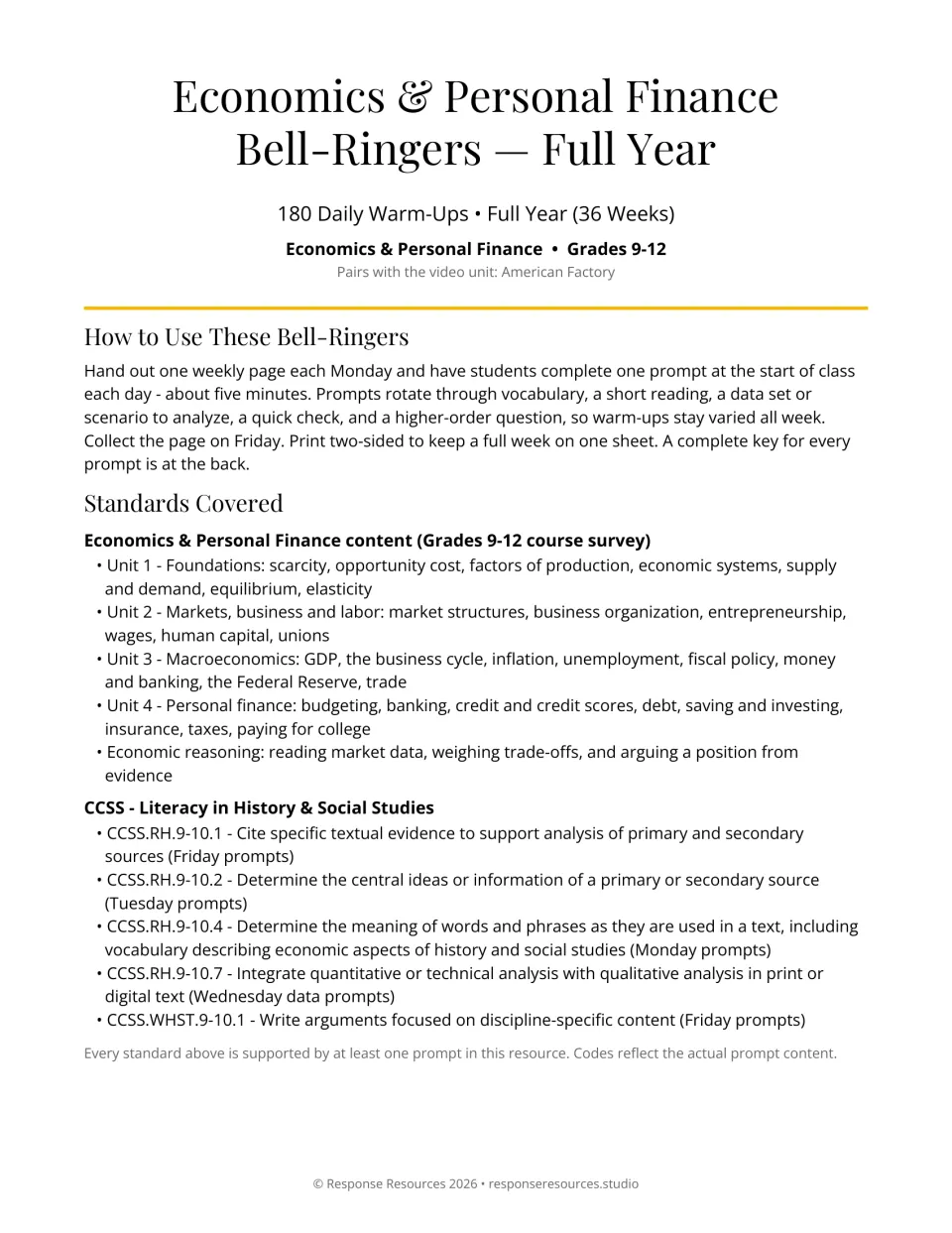 Bell-ringer introduction: 180 daily warm-ups over 36 weeks, with weekly directions and standards covered