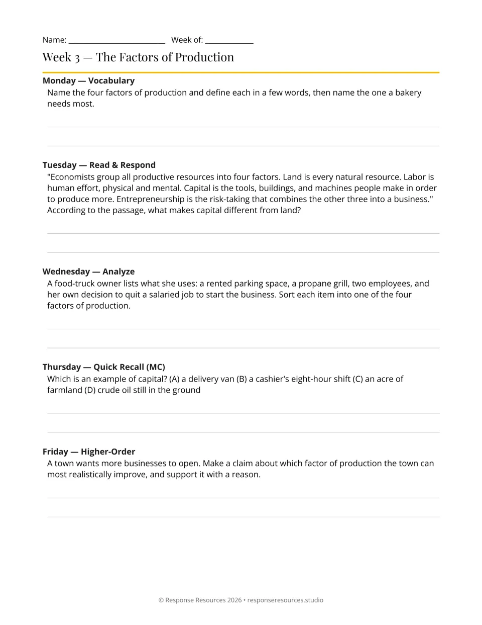 Week 3 bell-ringers: five factors of production prompts, including sorting a food truck owner's resources