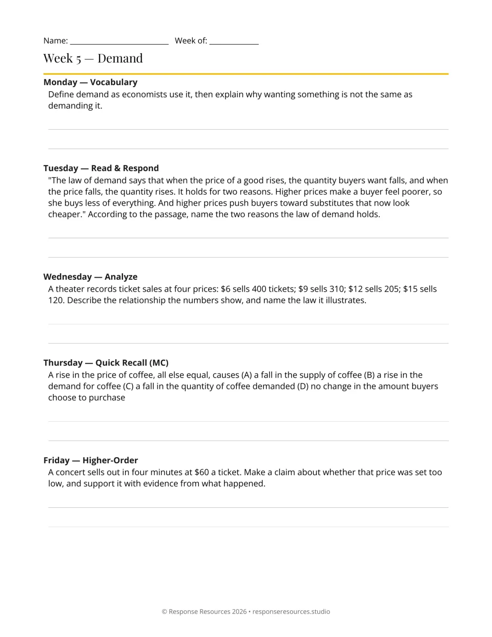 Week 5 bell-ringers: five demand prompts, including theater ticket sales at prices of $6, $9, $12 and $15