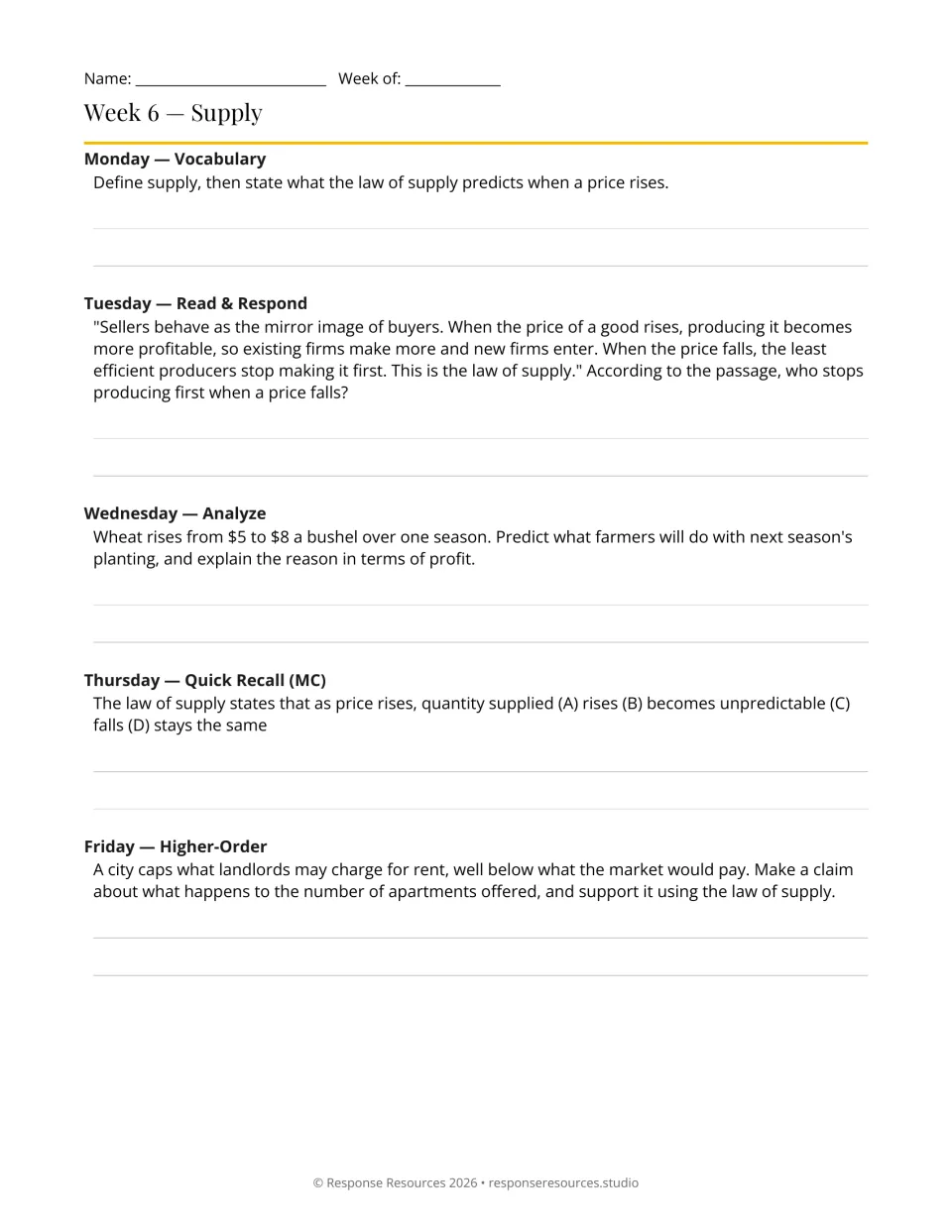 Week 6 bell-ringers: five supply prompts, including wheat rising from $5 to $8 a bushel and rent limits