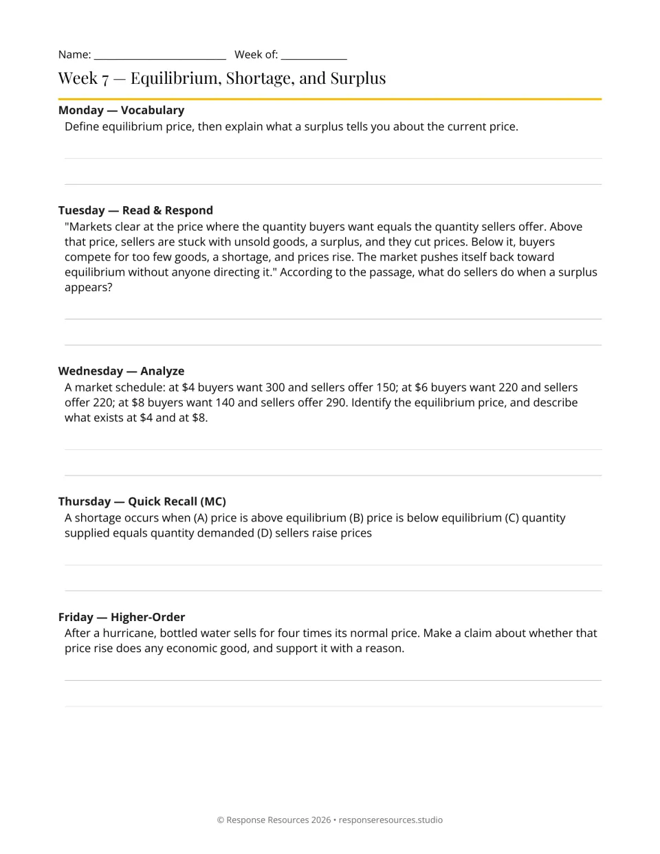 Week 7 bell-ringers: five equilibrium, shortage and surplus prompts using market prices of $4, $6 and $8