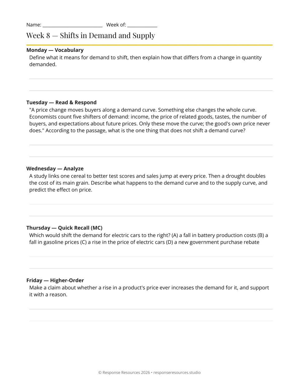 Week 8 bell-ringers: five demand and supply shift prompts, including cereal sales and rising grain costs