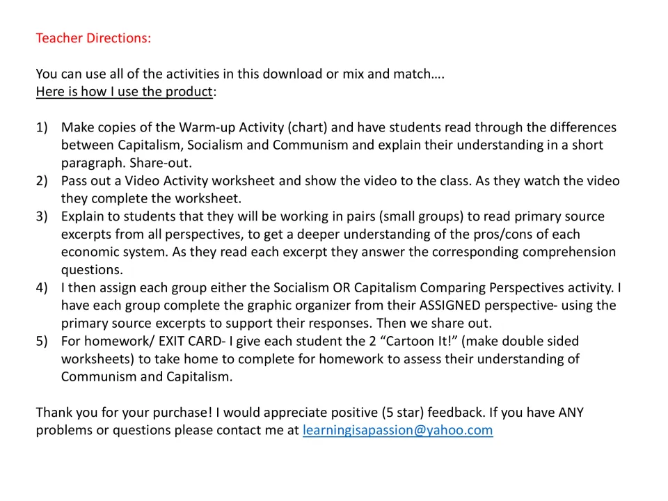 Teacher directions: five steps using the warm-up chart, video worksheet, primary source excerpts and Cartoon It!