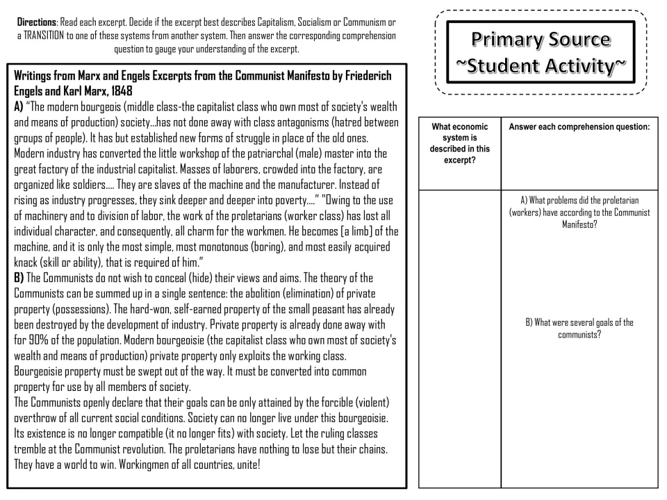 Communist Manifesto excerpts: students identify the economic system described and answer questions on workers and goals