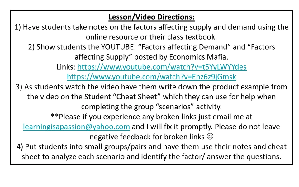 Lesson directions have students take notes, watch two videos, record examples, and analyze scenarios in groups.