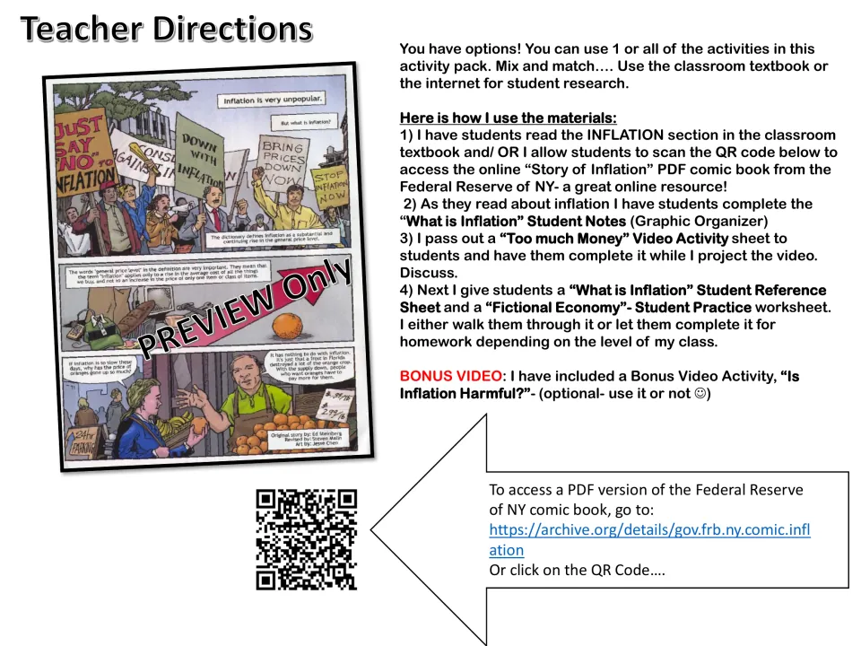 Teacher directions for an inflation unit: a 4-step reading, notes, video and CPI practice sequence plus a comic QR code