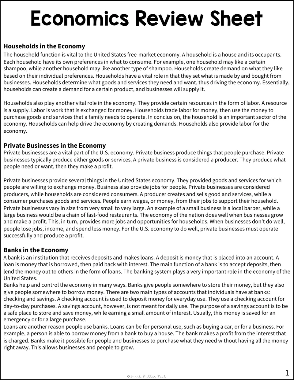 Economics review reading on households, private businesses and banks, defining demand, labor, deposits and loans
