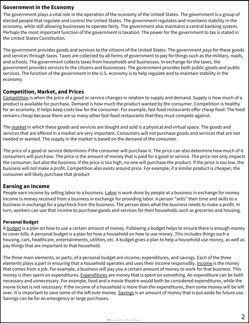 Economics reading on government, competition, market and prices, earning income, and the three parts of a personal budget