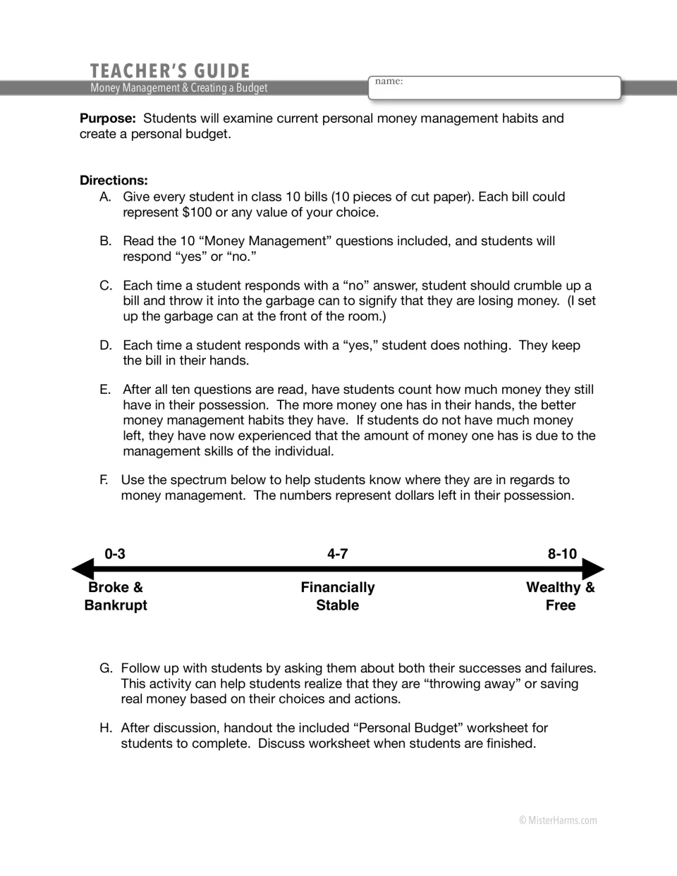 Teacher's guide: students hold 10 paper bills, toss one per 'no' answer, then rate leftover cash from broke to wealthy
