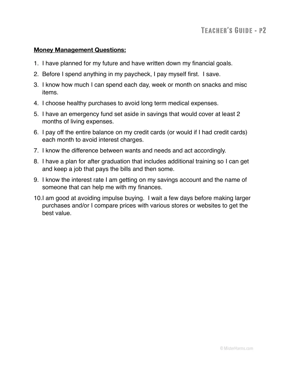 Money management questions: 10 yes/no statements on saving, emergency funds, credit cards, wants vs needs and impulse buys