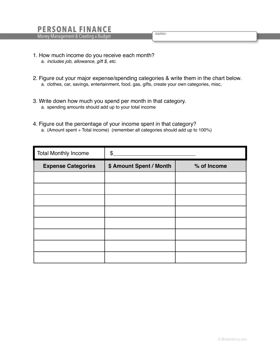 Personal budget: students record monthly income, list expense categories, and find dollars spent and percent of income