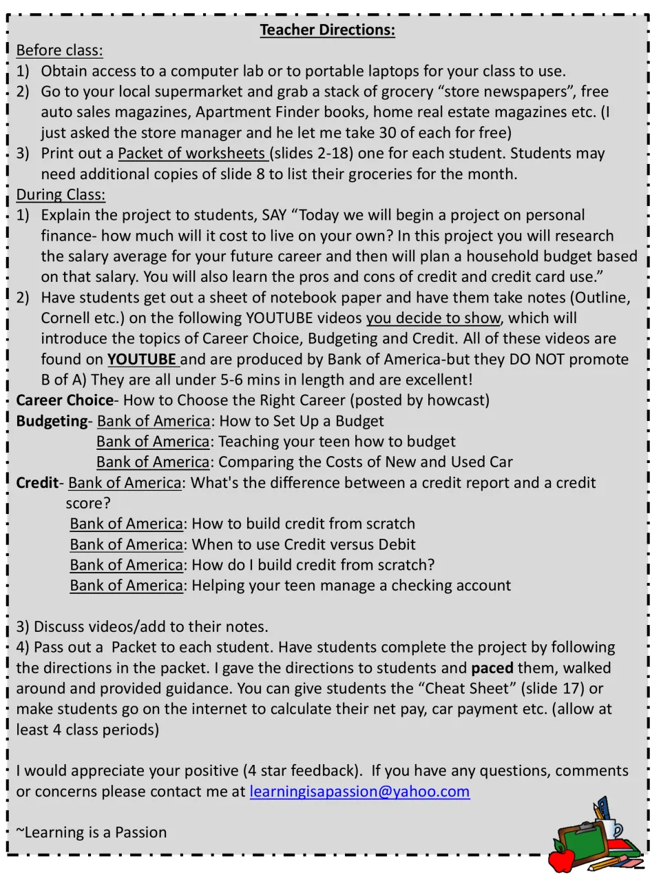 Teacher directions for a personal finance project: prep materials, career, budgeting and credit videos, and pacing tips
